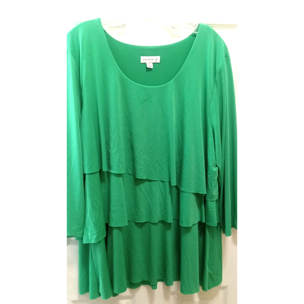 Susan Graver X-Large XL Top Layered Tiers 3/4 Sleeves Round Neck Stretch Green
